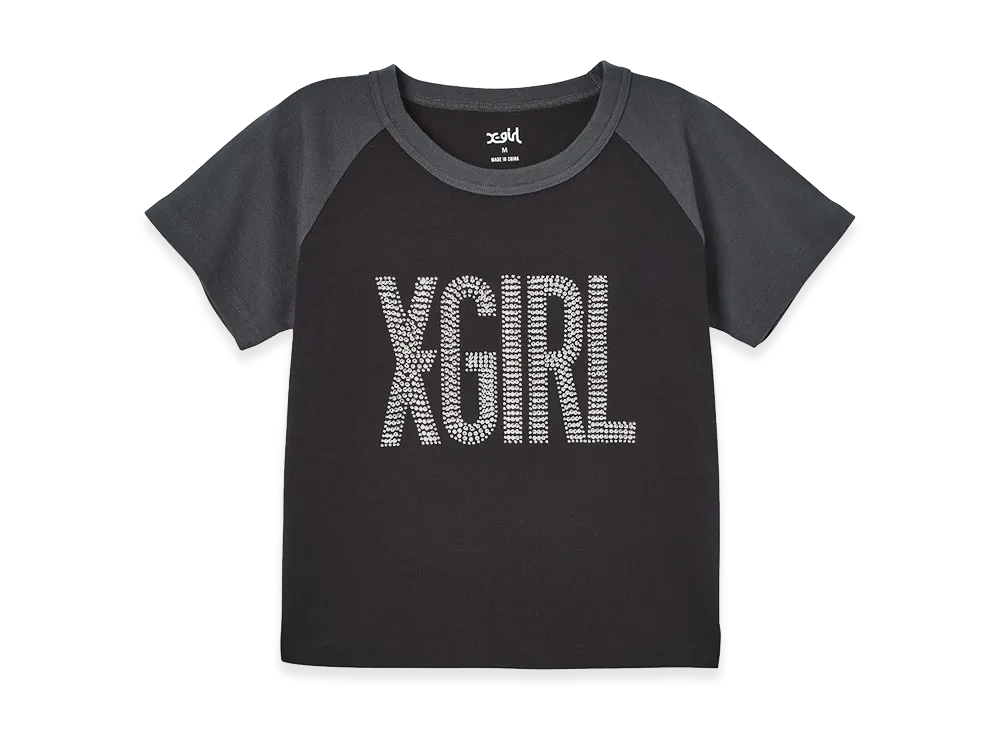 X-Girl Rhinestone Vertical Logo Raglan S/S Baby Tee "Black"