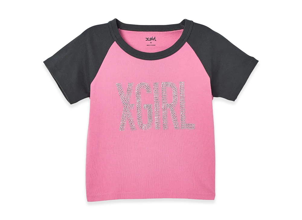 X-Girl Rhinestone Vertical Logo Raglan S/S Baby Tee "Pink"
