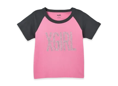 X-Girl Rhinestone Vertical Logo Raglan S/S Baby Tee "Pink"