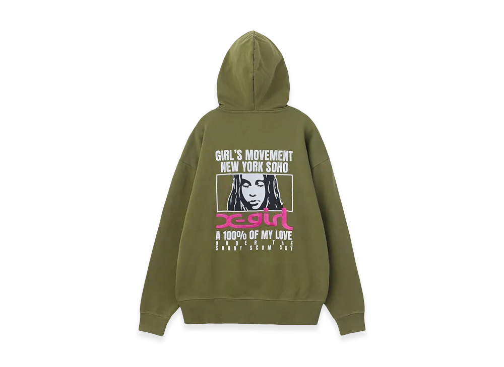 X-Girl Women's Face Box And Message Zip Up Sweat Hoodie "Olive"