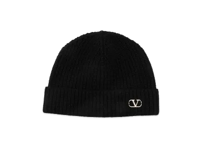 Valentino Beanie Knitted V Logo Signature In Cashmere "Black"