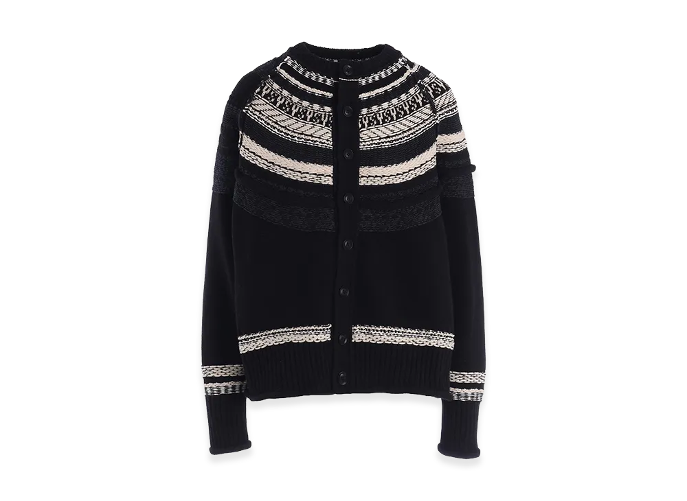 Y's Mixed Material Fair Isle Round Neck Cardigan "Black"