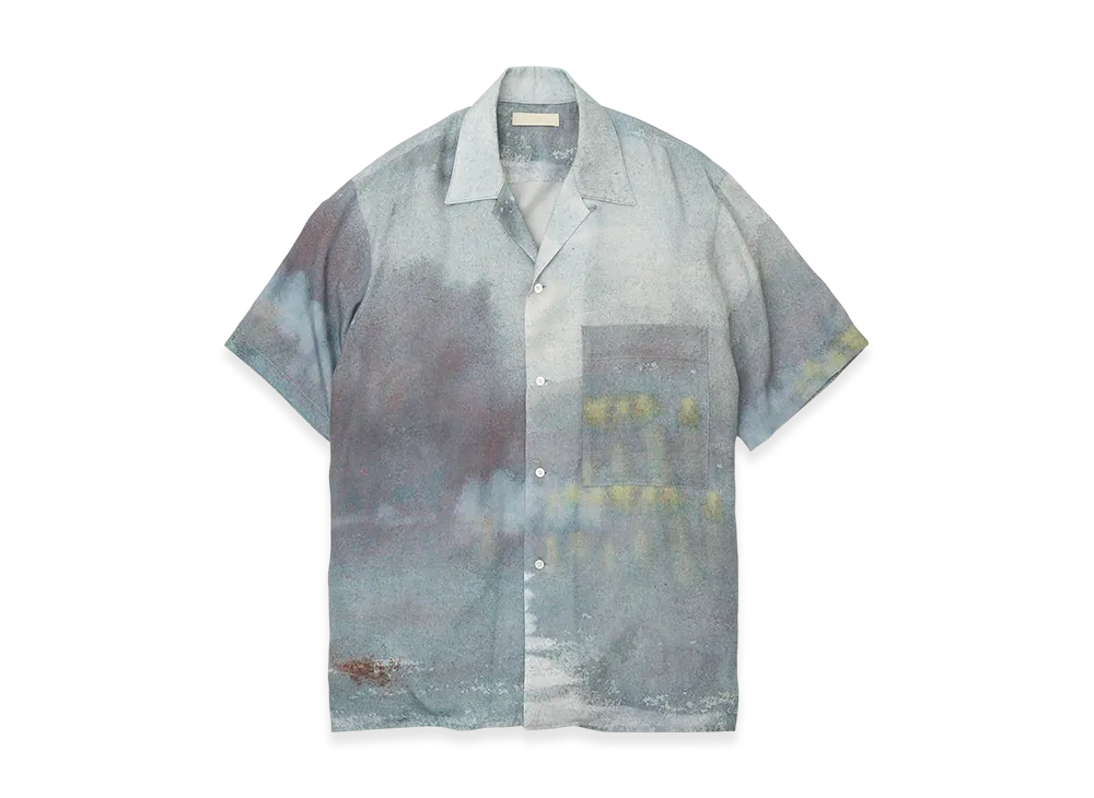 YOKE Landscape Printed Tencell Poplin Open Collar Shirt "Blue"