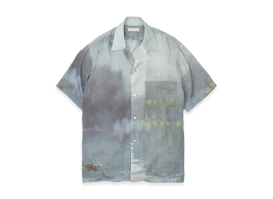 YOKE Landscape Printed Tencell Poplin Open Collar Shirt "Blue"