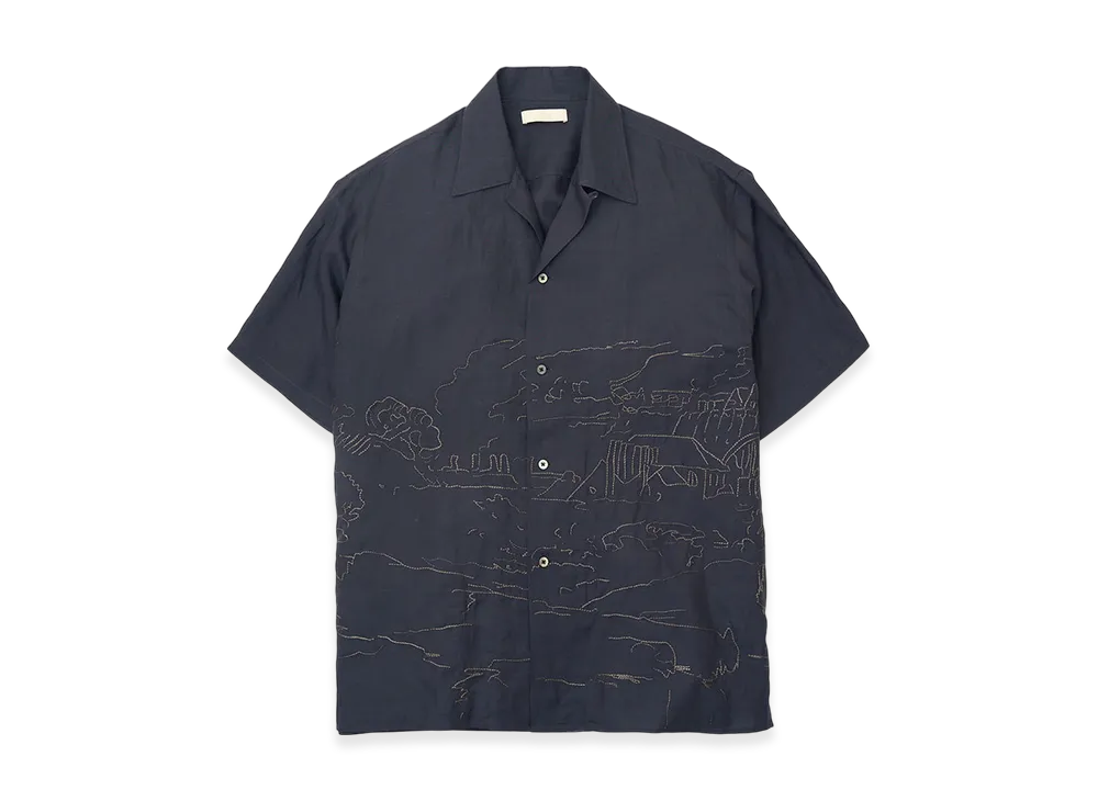YOKE Ramie Natural Lawn Embroidery Open Collar Shirt "Navy"