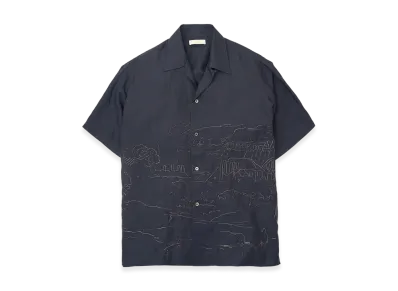 YOKE Ramie Natural Lawn Embroidery Open Collar Shirt "Navy"