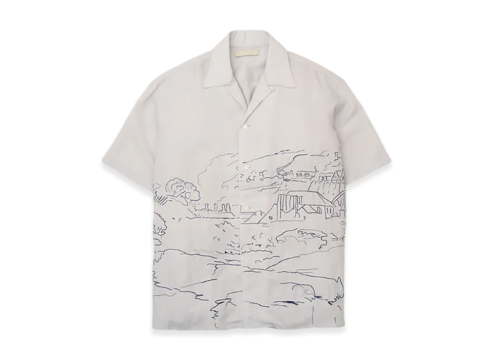 YOKE Ramie Natural Lawn Embroidery Open Collar Shirt "Gray"