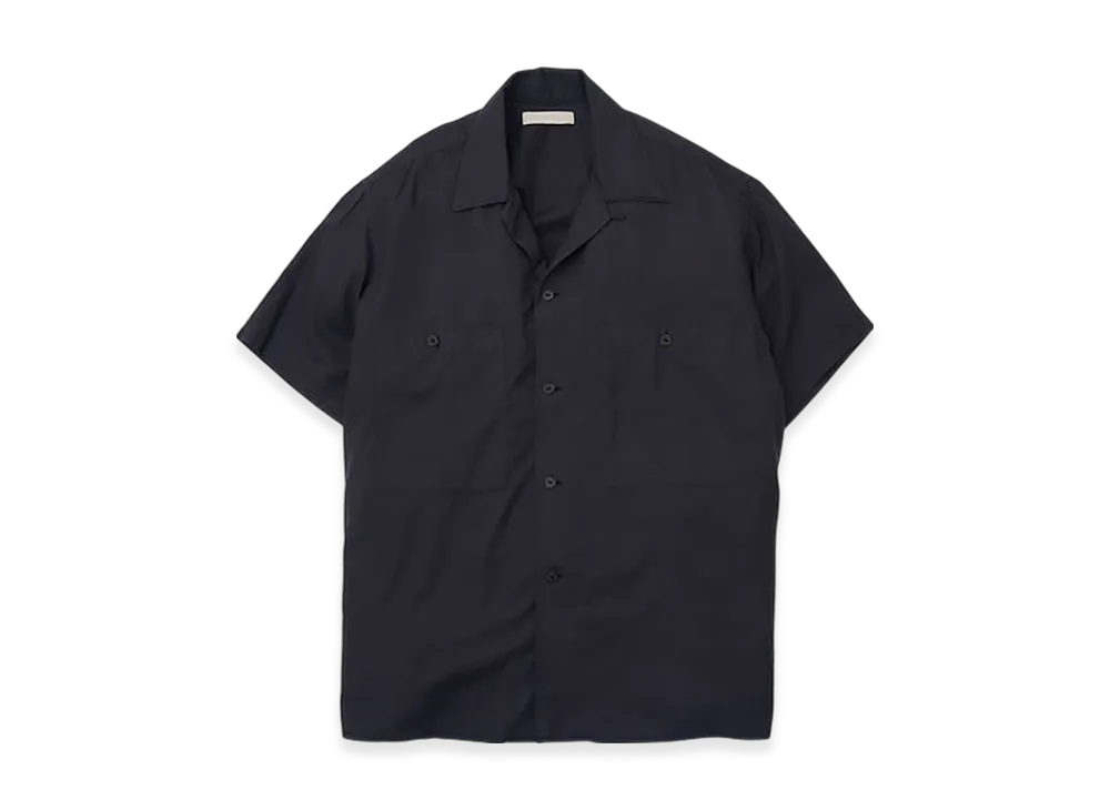 YOKE Garmented Cotton Silk Twill Open Collar Shirt "Black"