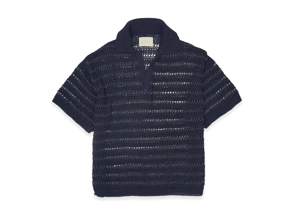 YOKE Border Mesh Knit Skipper Polo Shirt "Navy"