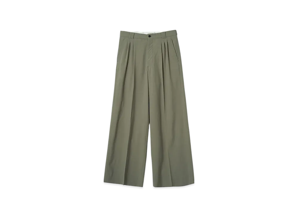 YOKE Super120'S Fine Wool Washer Tropical 3Pleated Wide-Leg Trousers "Graysh Khaki"