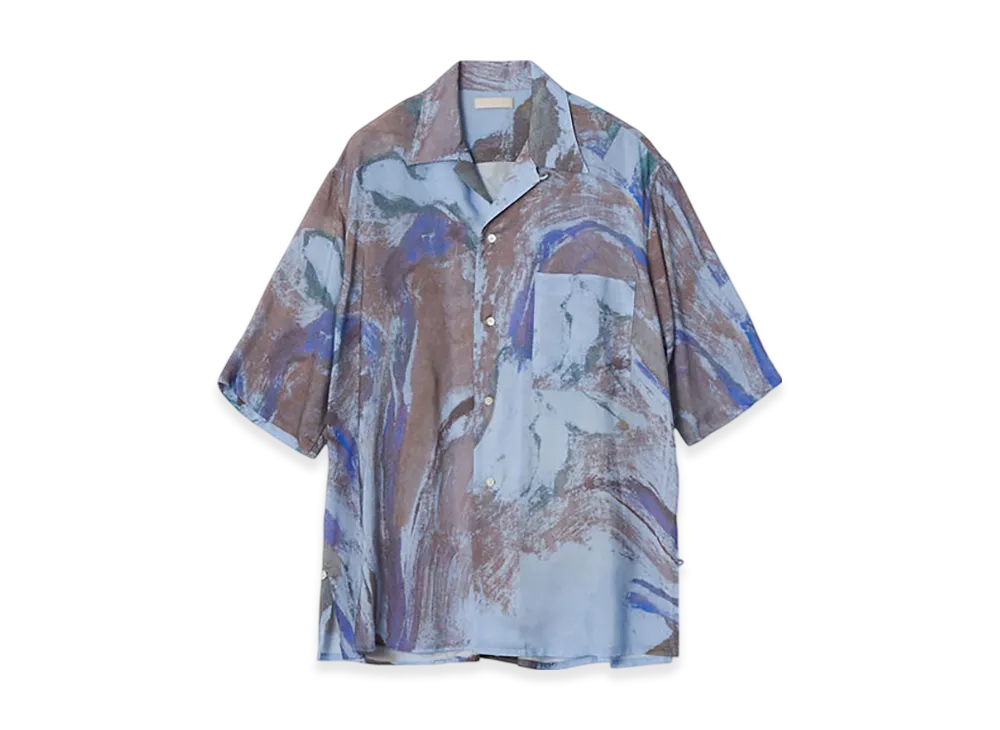 YOKE Flower Pritned Tencell Twill Open Collar Shirt "Blue"