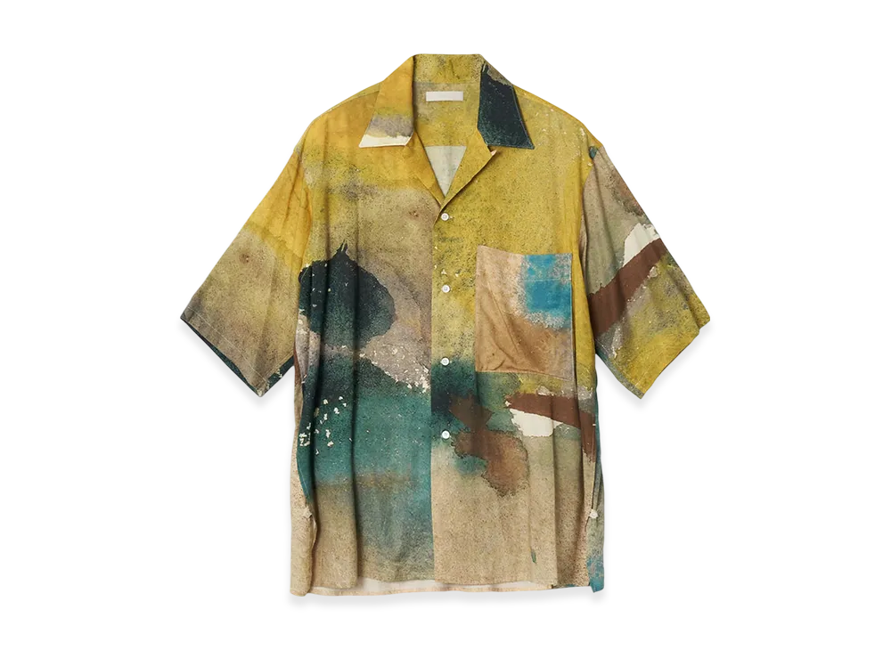 YOKE Landscape Printed Cotton Silk Rayon Twill Open Collar Shirt "Yellow"