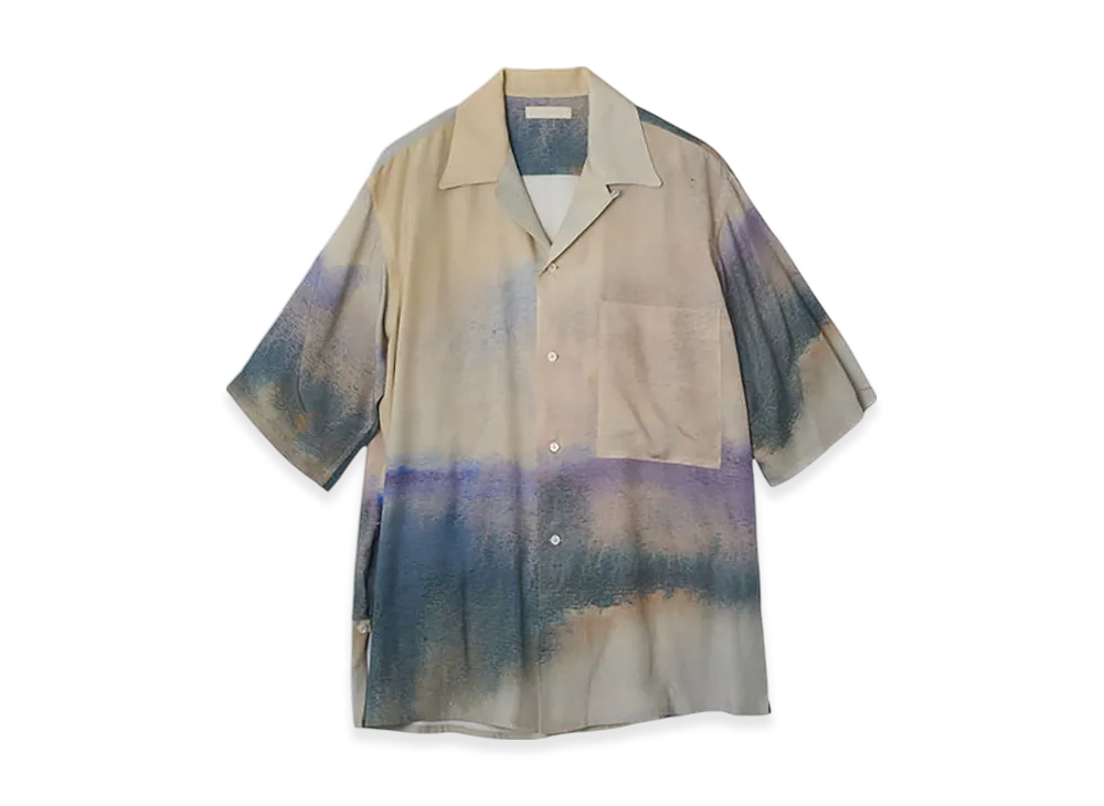 YOKE Landscape Printed Cotton Silk Rayon Twill Open Collar Shirt "Ivory"