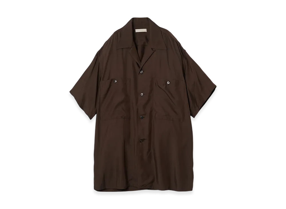 YOKE Cupro Polyester Washable Chambray Twill Open Collar Shirt "Brown"