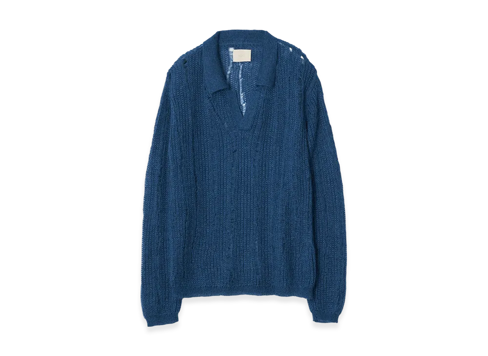 YOKE Silk Kid Mohair Wool Skipper Sweater "Blue"