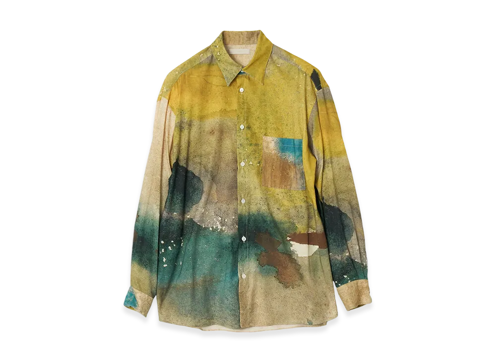 YOKE Landscape Printed Cotton Silk Rayon Twill Regular Collar Shirt "Yellow"