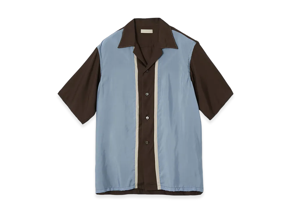 YOKE Cupro Polyester Washable Chambray Tiwll Colorblock Open Collar Shirt "Light Blue"