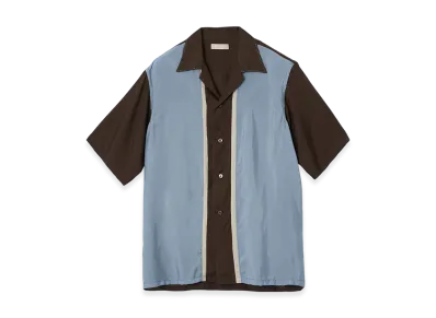 YOKE Cupro Polyester Washable Chambray Tiwll Colorblock Open Collar Shirt "Light Blue"