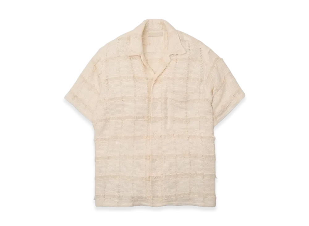 YOKE Fringe Check Tweed Open Collar Shirt "Ecru"
