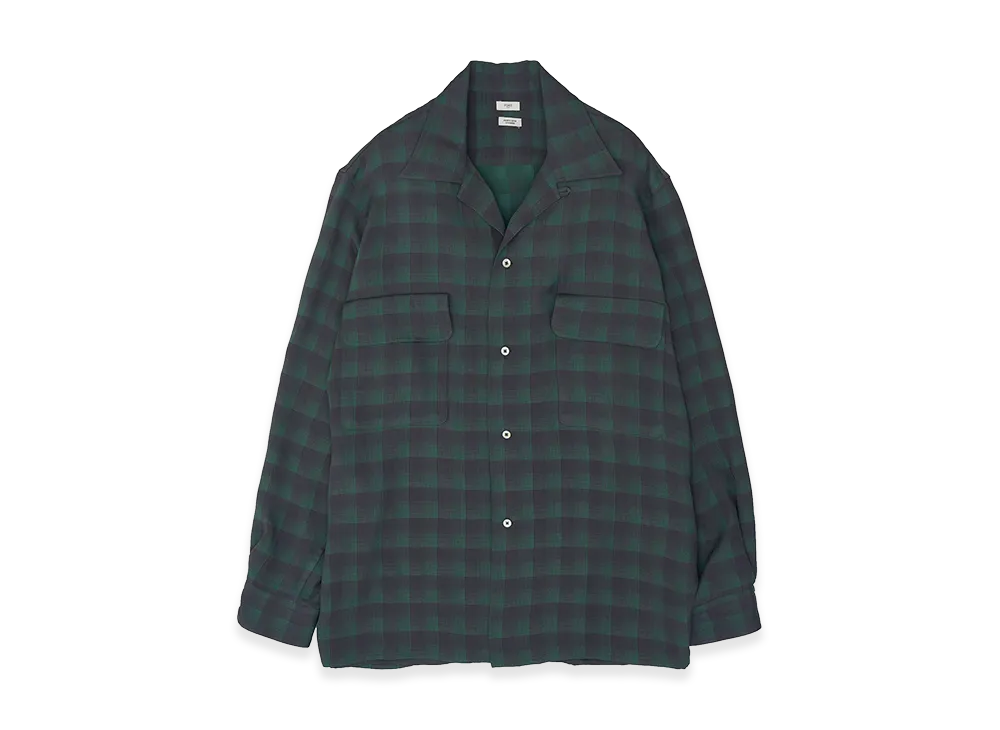 YOKE Rayon Acetate Jacqard Plaid Open Collar Shirt "Green"
