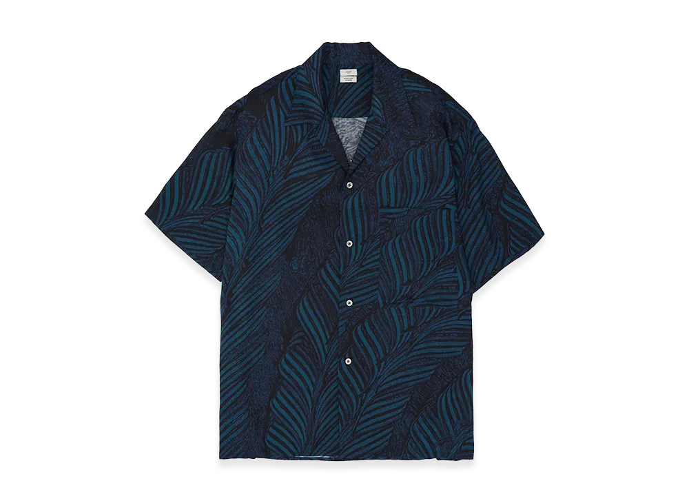 YOKE Leaf Pattern Printed Rayon Open Collar Shirt "Navy"