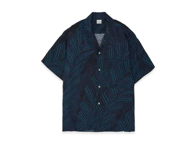 YOKE Leaf Pattern Printed Rayon Open Collar Shirt "Navy"