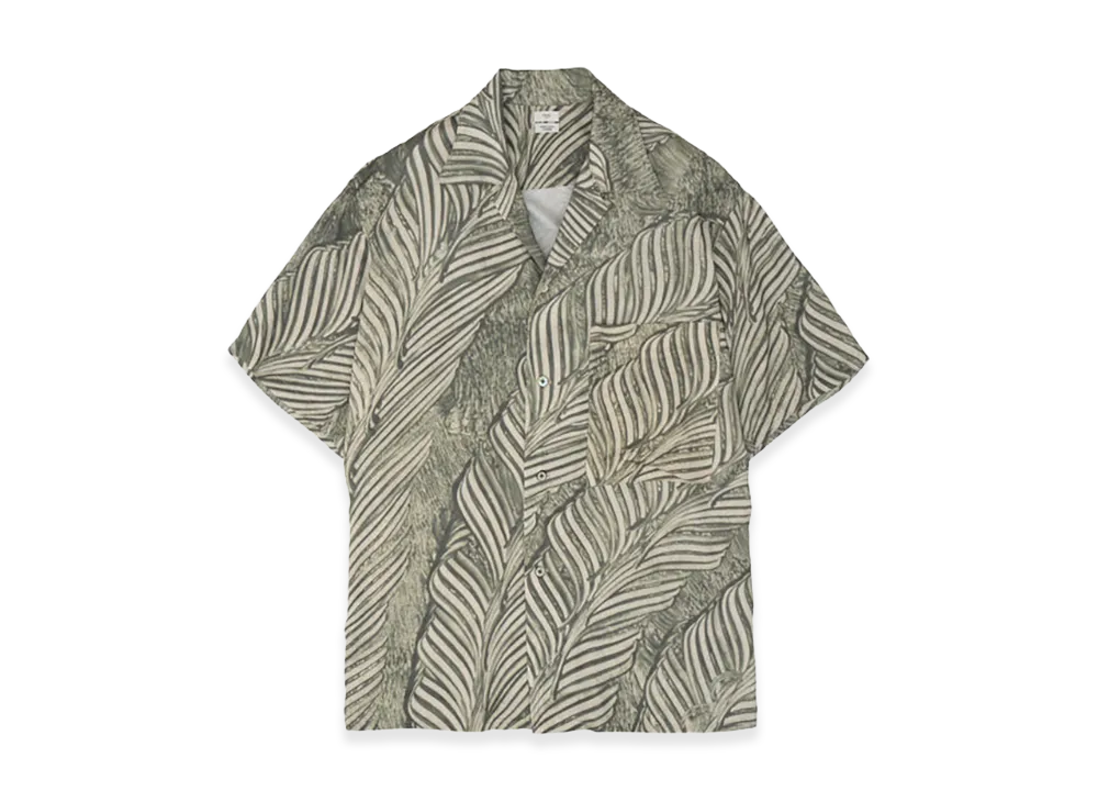 YOKE Leaf Pattern Printed Rayon Open Collar Shirt "Ivory"