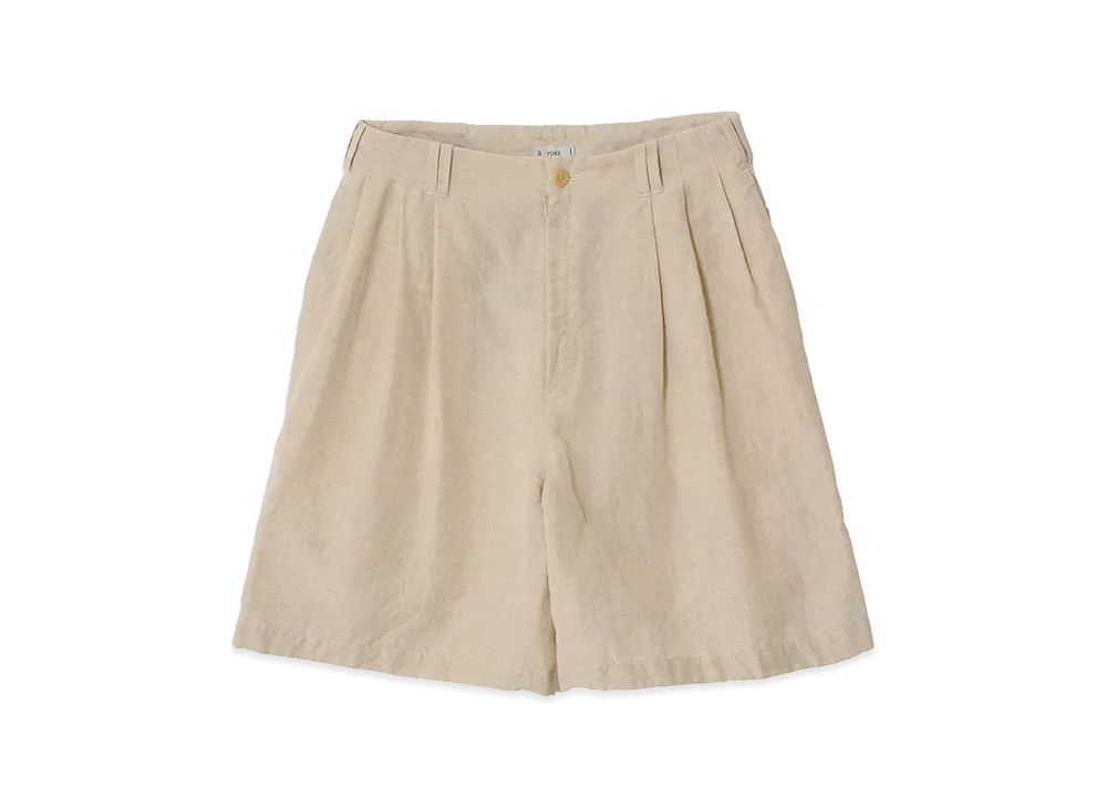 YOKE Wool Linen Weather Cloth 3pleated Shorts "Beige"