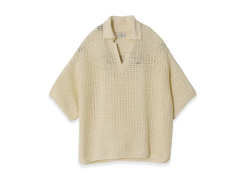 YOKE Cotton Mesh Knit Skipper Polo Shirt "Beige"