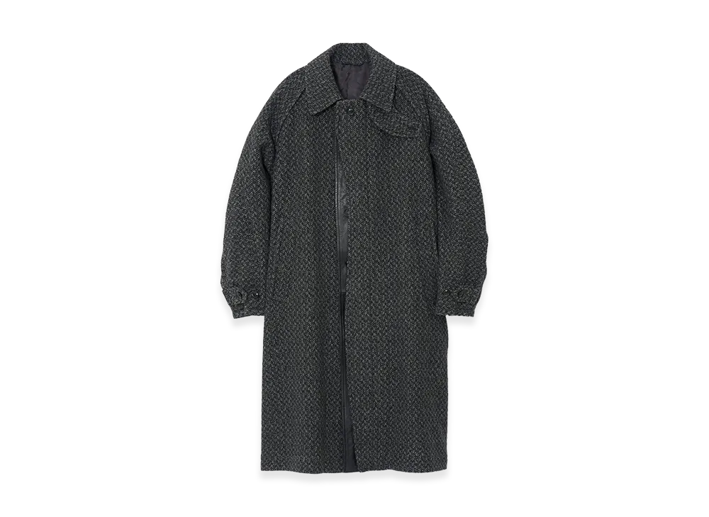 YOKE Herringbone Wool Tweed Balmacaan Overcoat "Black"