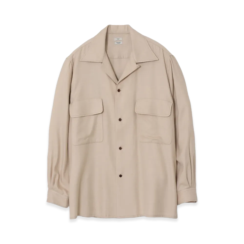 YOKE Viscose Lyocell Wool Brushed Twill W Pocket Open Collar Shirt "Beige"