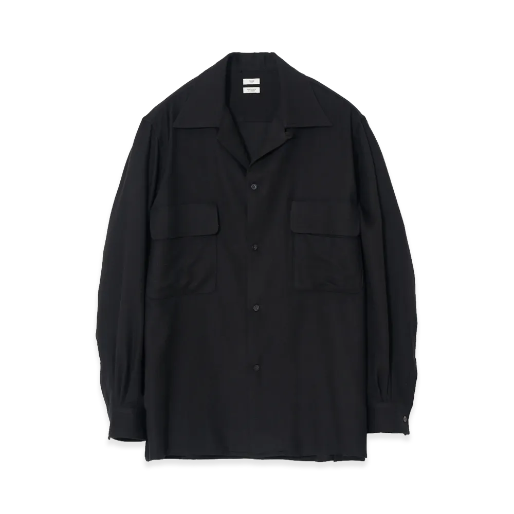 YOKE Viscose Lyocell Wool Brushed Twill W Pocket Open Collar Shirt "Black"