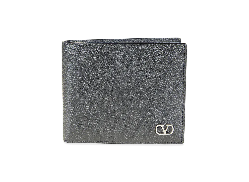 Valentino V Logo Signature Grainy Calfskin Bi-Fold Wallet "Black"