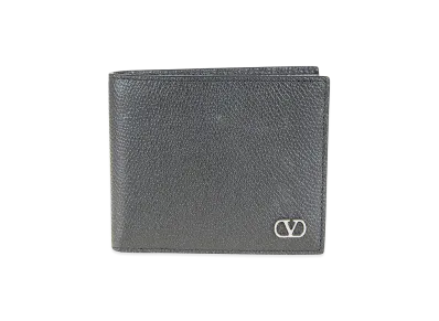 Valentino V Logo Signature Grainy Calfskin Bi-Fold Wallet "Black"