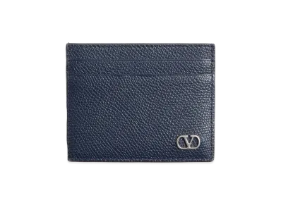 Valentino V Logo Signature Garnet Calfskin Card Holder "Dark Blue"