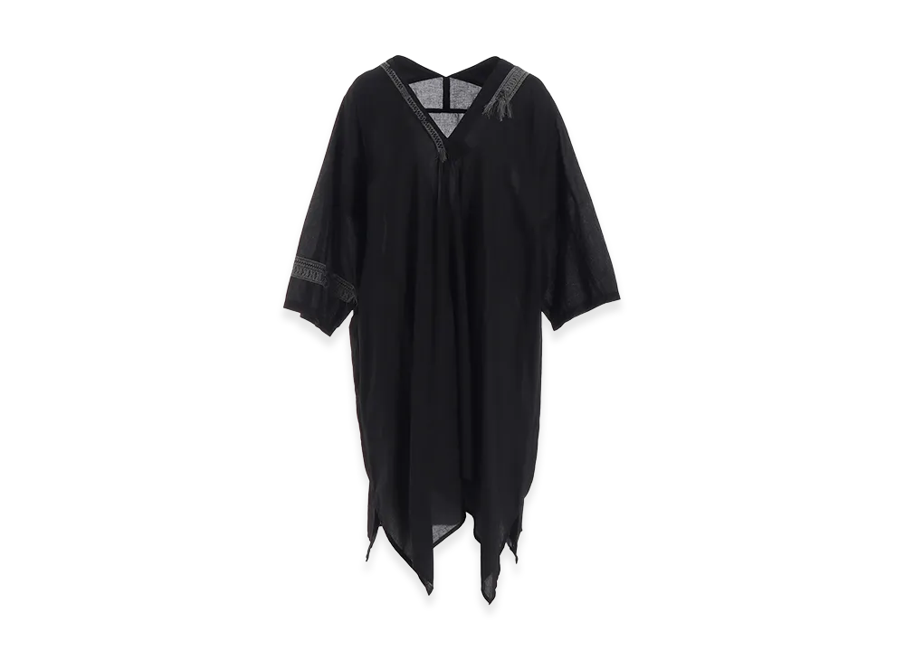 Y's Cotton Lawn Arranged Sleeve V Neck Dress "Black"