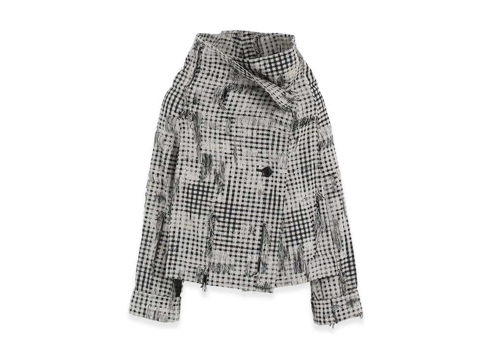 Y's Damaged Gingham Jacquard Wrap Coat "White/Black"