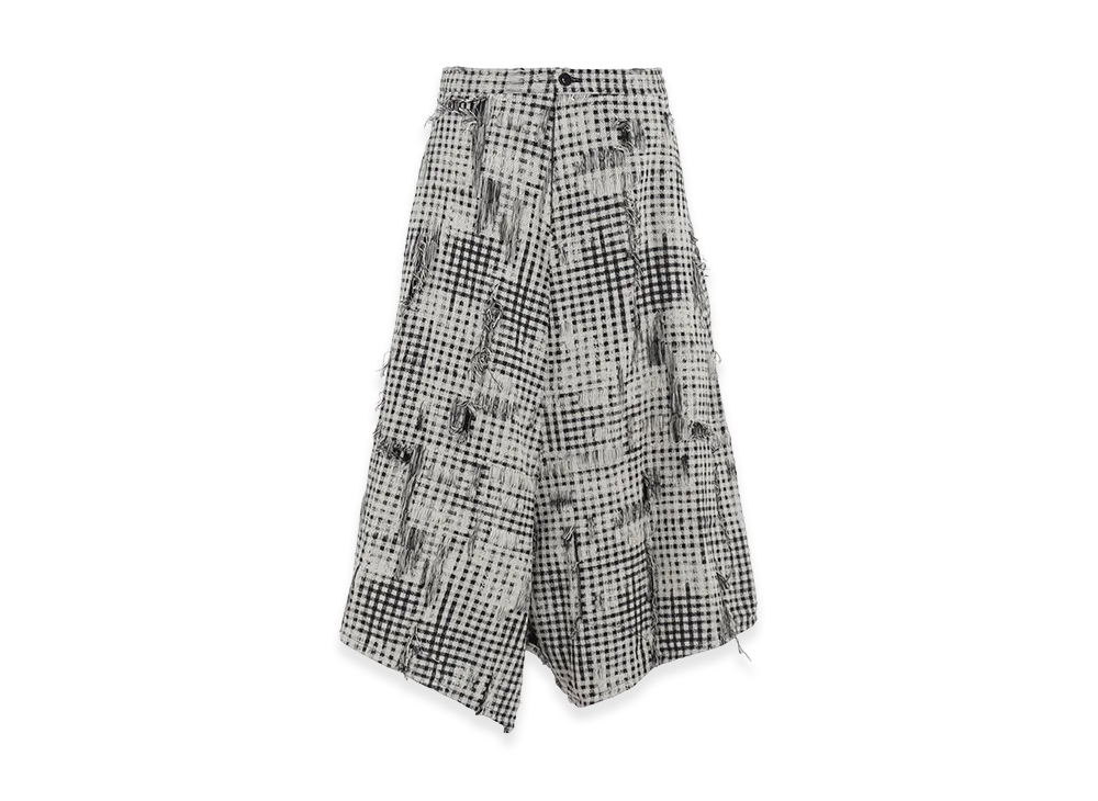 Y's Damaged Gingham Jacquard Skirt-like Pants "White/Black"
