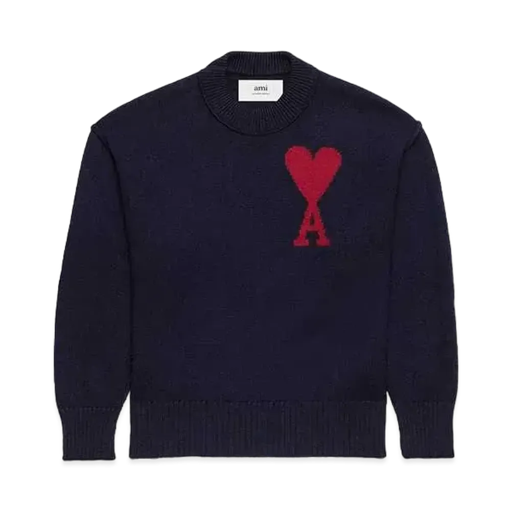 AMI PARIS Merino Wool Felt Sweater #1 "Night Blue & Red"