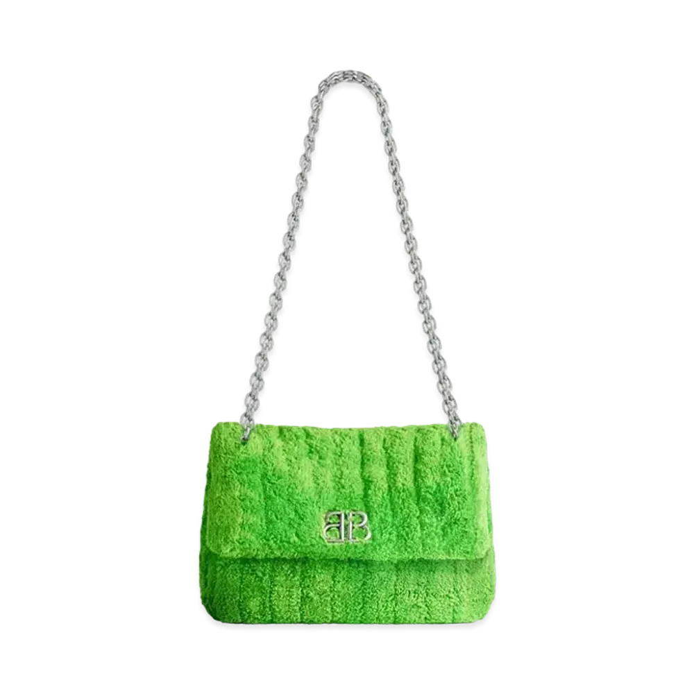 BALENCIAGA Monaco Mini Bag in Quilted Fluffy Towel Fabric, Aged-Silver Hardware "Green"