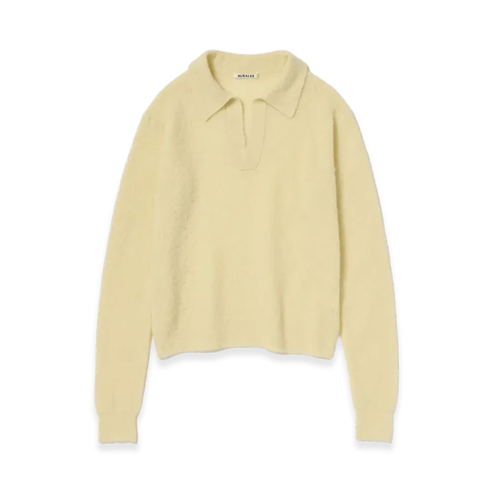 AURALEE Women's Baby Suri Alpaca Sheer Knit Skipper Polo "Ecru"