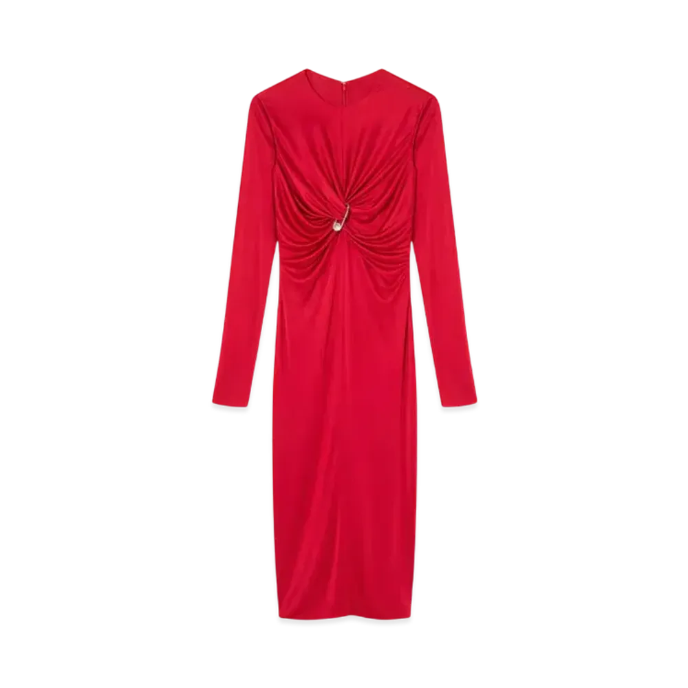 Versace Safety Pin Gathered Fitted Midi Dress "Red"