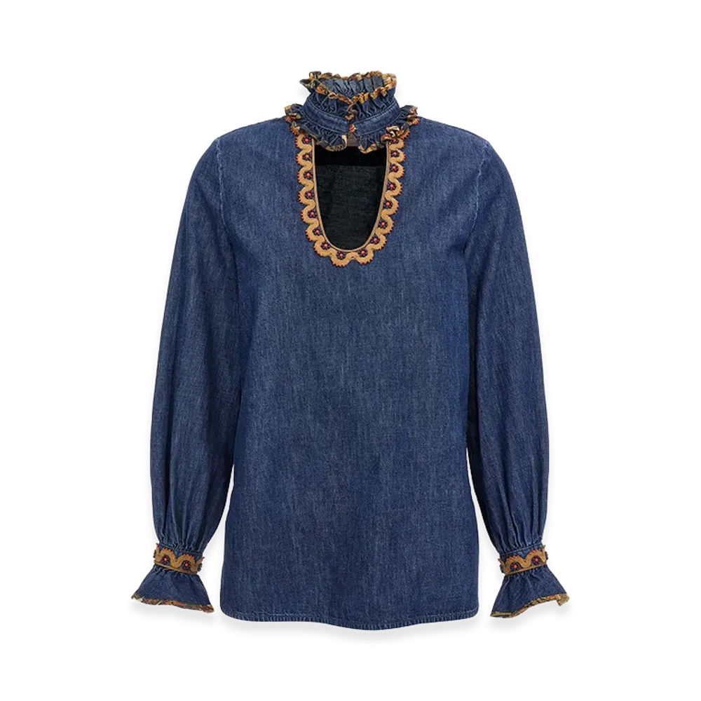 Valentino Garavani Women's Chambray Denim Embroidered Top "Blue"
