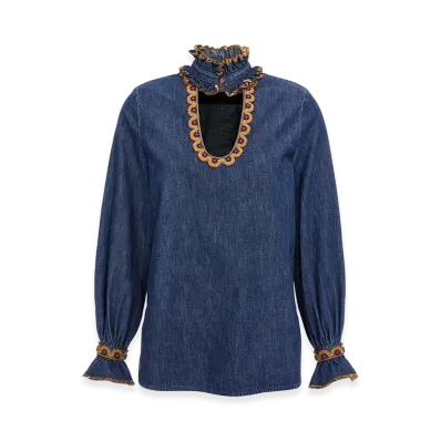 Valentino Garavani Women's Chambray Denim Embroidered Top "Blue"