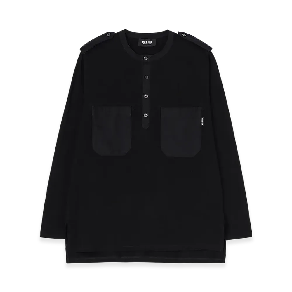 WILDSIDE YOHJI YAMAMOTO Cotton Jersey Shoulder Strap Henley Neck Long Sleeve T-Shirt "Black"