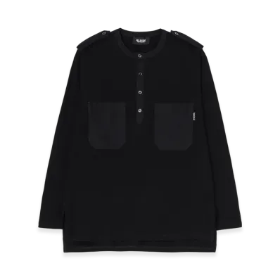 WILDSIDE YOHJI YAMAMOTO Cotton Jersey Shoulder Strap Henley Neck Long Sleeve T-Shirt "Black"