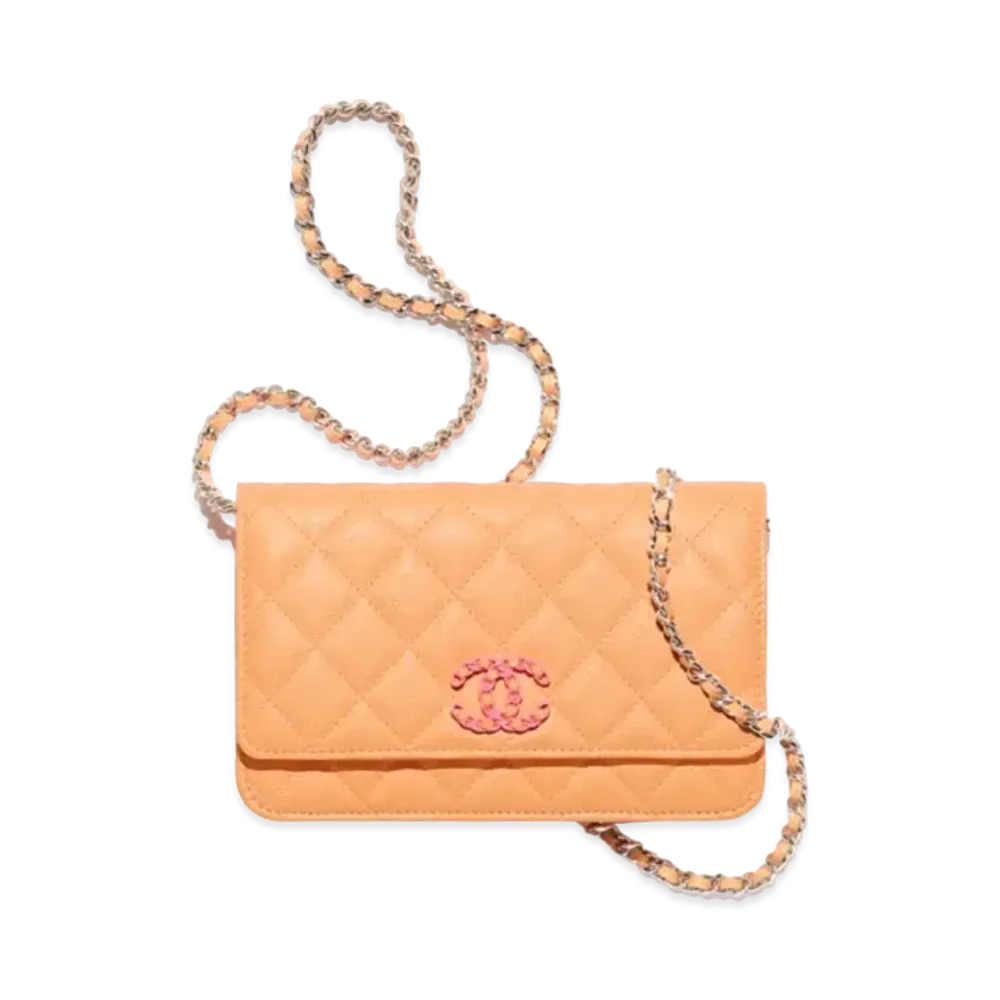 CHANEL Wallet On Chain Shiny Grained Calfskin & Lacquered Metal "Orange"