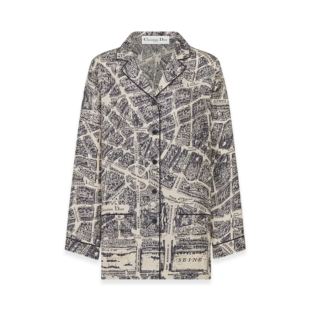 Dior Women's Shirt Silk Twill Plan Paris Motif "White/Navy Blue"