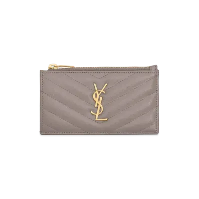 SAINT LAURENT Monogram Fragments Zip Card Case In Grain De Poudre Embossed Leather "Fog"