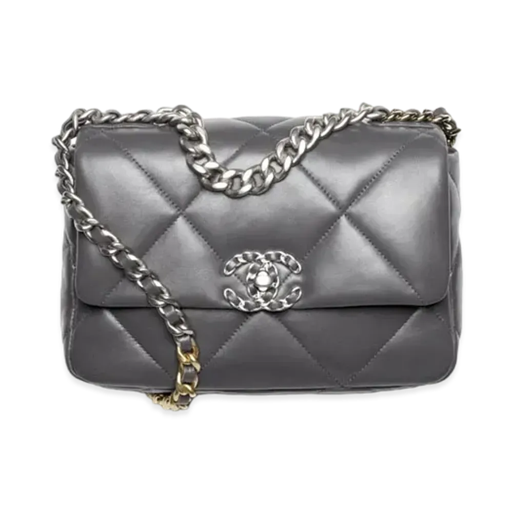 CHANEL 19 Handbag Shiny Lambskin Gold Tone Silver Tone & Ruthenium Finish Metal "Gray"